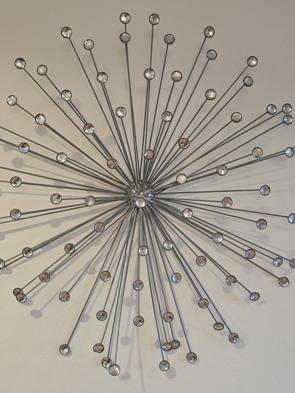 Large 29" Jeweled Metal Starburst Sunburst Wall Sculpture Silver Crystal MCM Dec